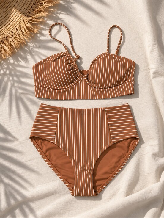 Calia Other - CALIA Brown & White Stripe High-Waisted Bikini Set, Sizes: Top M, Bottom S